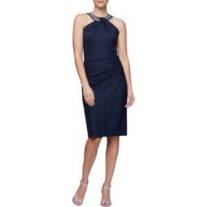 Alex Evenings Halter Embellished Navy Blue Cocktail Dress Size 6 Retails $239